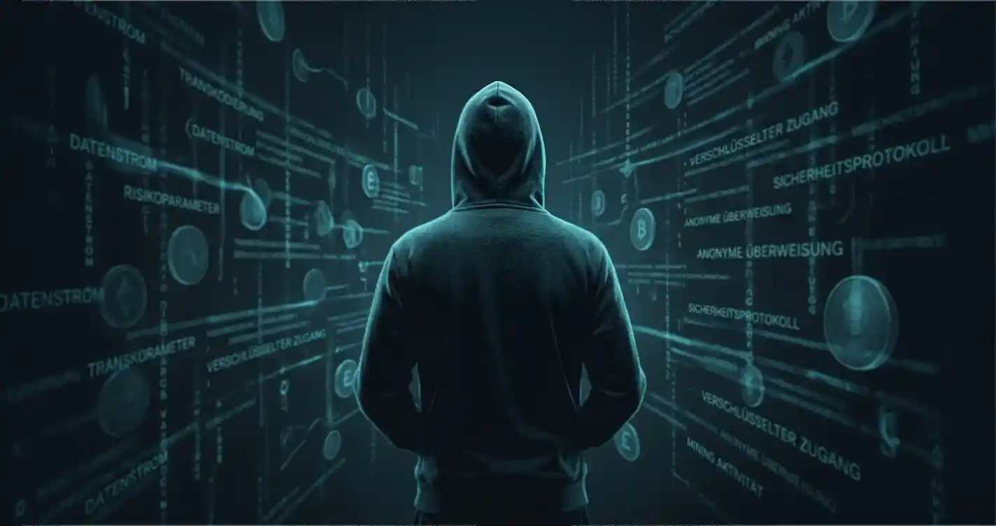 Anonyme Silhouette vor digitalen Datenströmen als Symbol für anonymes Krypto-Spielen