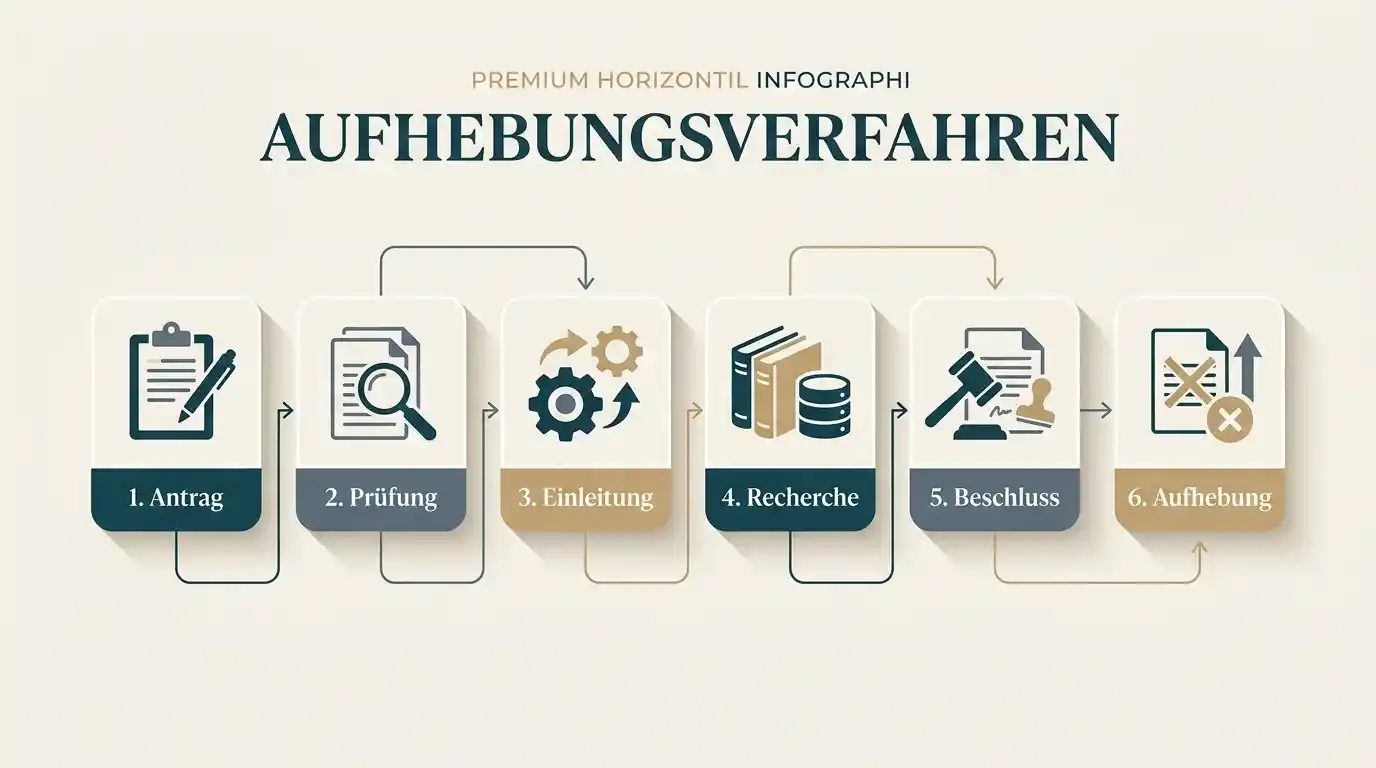 Sechsstufige Übersicht des Aufhebungsverfahrens von der Voraussetzungsprüfung bis zur Wirksamkeit mit klar getrennten Prozessstationen