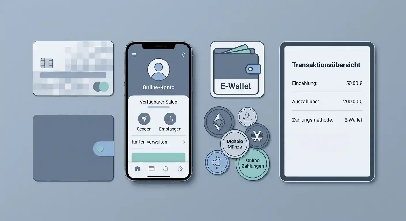 Übersicht verschiedener Zahlungsmethoden wie Karten, Wallets und digitale Münzen auf einer Fläche