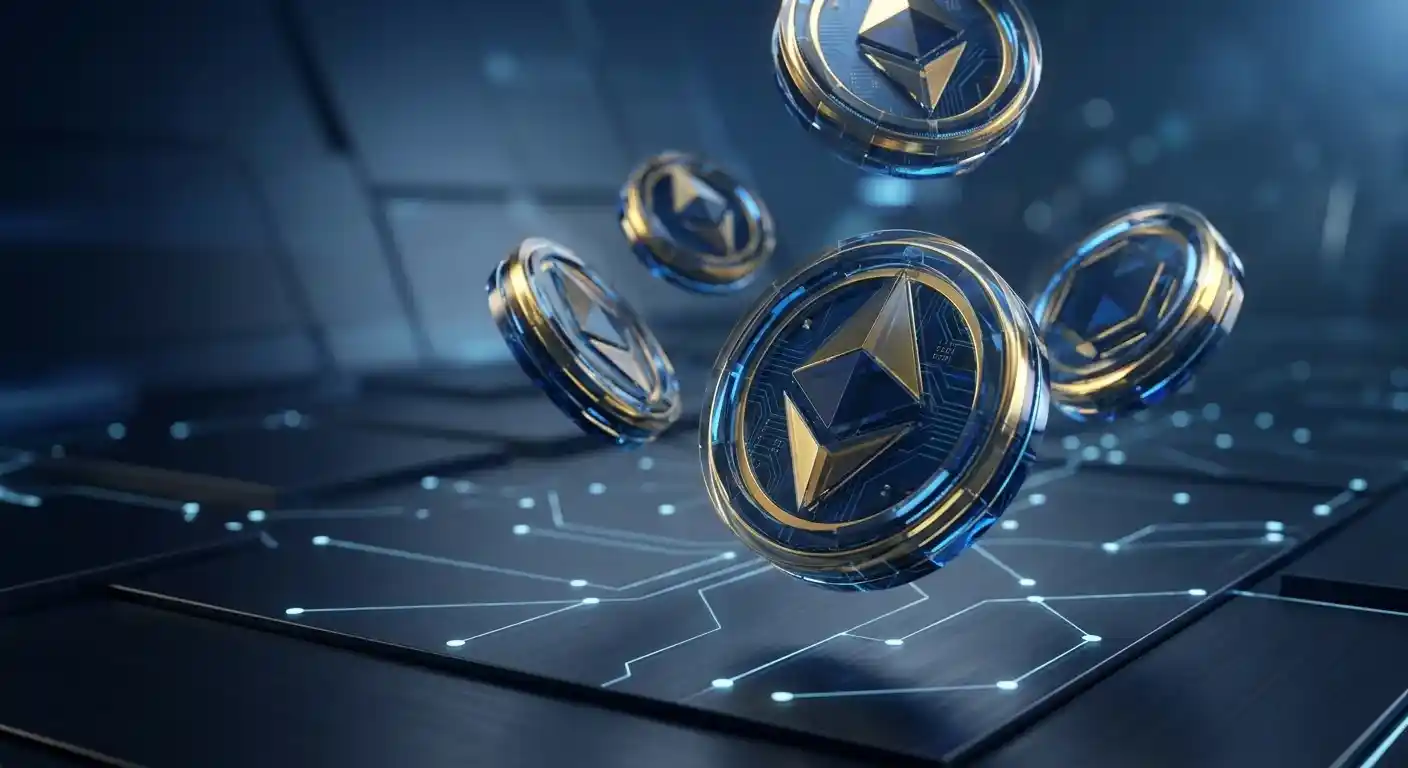 Digitale Münzsymbole vor einem abstrakten technischen Hintergrund als Symbol für Krypto-Zahlungen