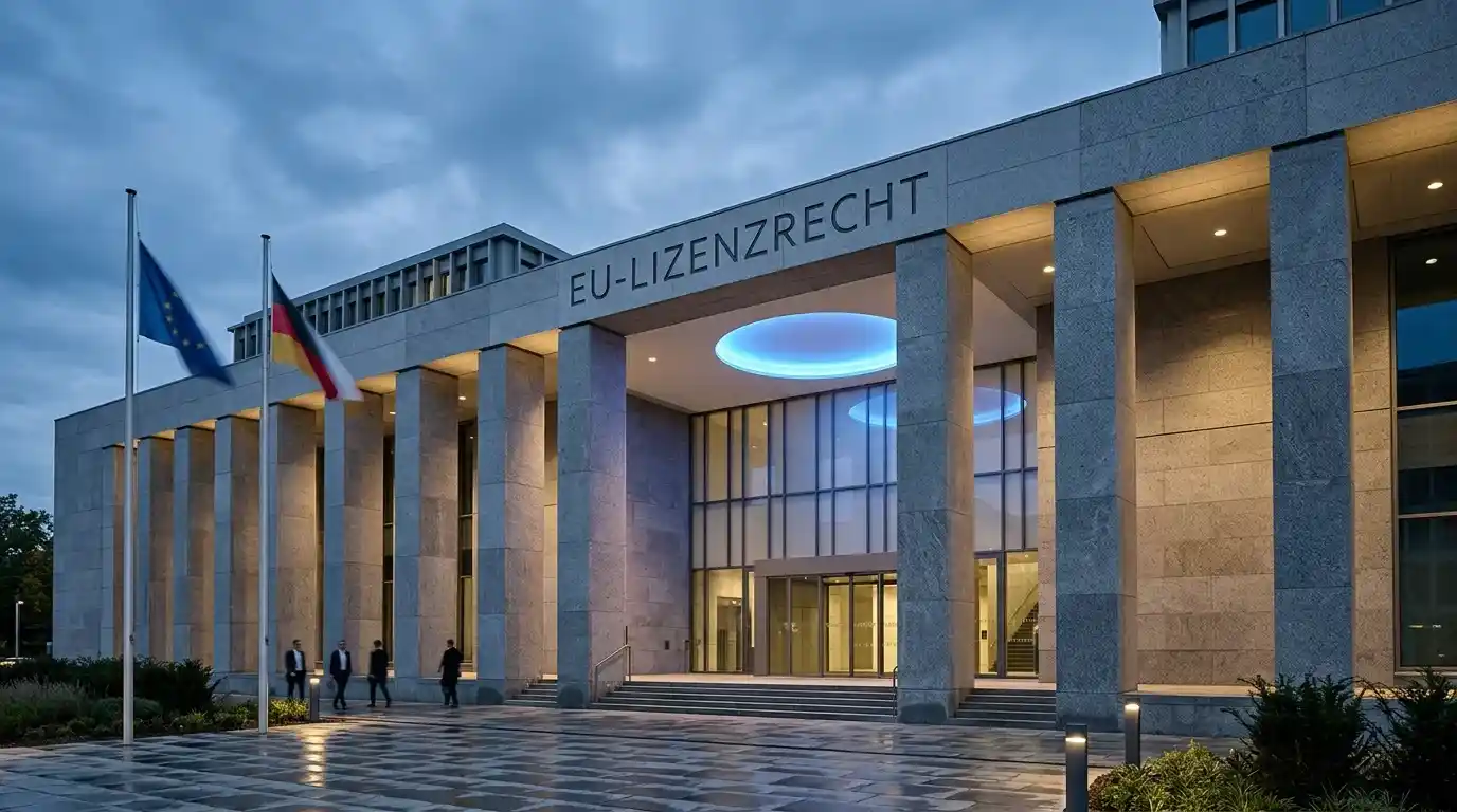 Symbolische Darstellung europäischer Rechtsprechung mit Gerichtssaal-Säulen und blauem Lichtakzent