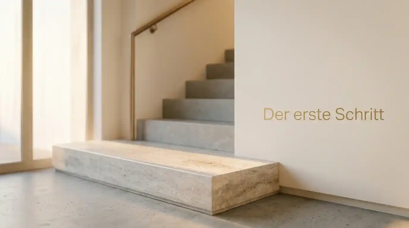 Erste Stufe einer hellen Treppe als Symbol für den ersten Schritt zur Unterstützung