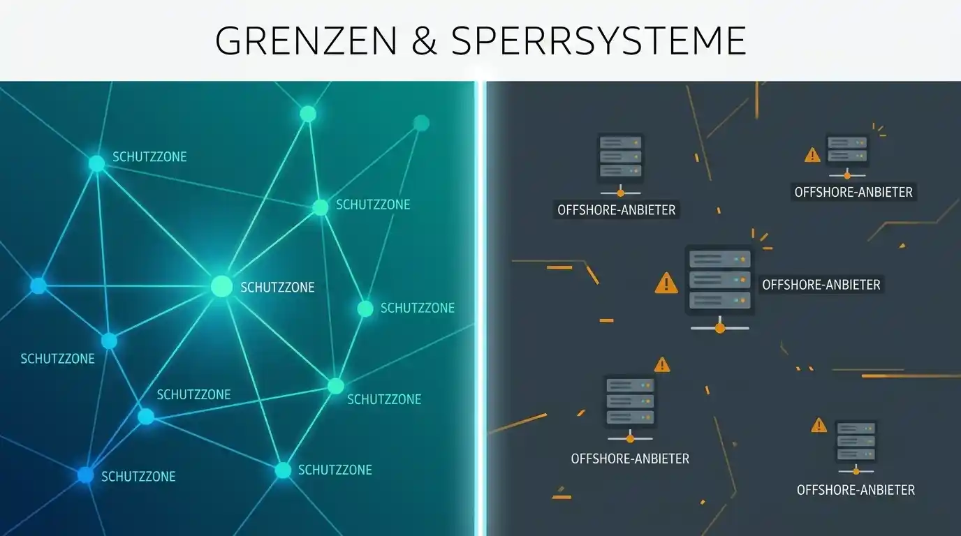 Konzeptdarstellung der territorialen Grenze des deutschen Sperrsystems mit der Trennlinie zwischen lizenzierten und nicht angeschlossenen Auslandsanbietern