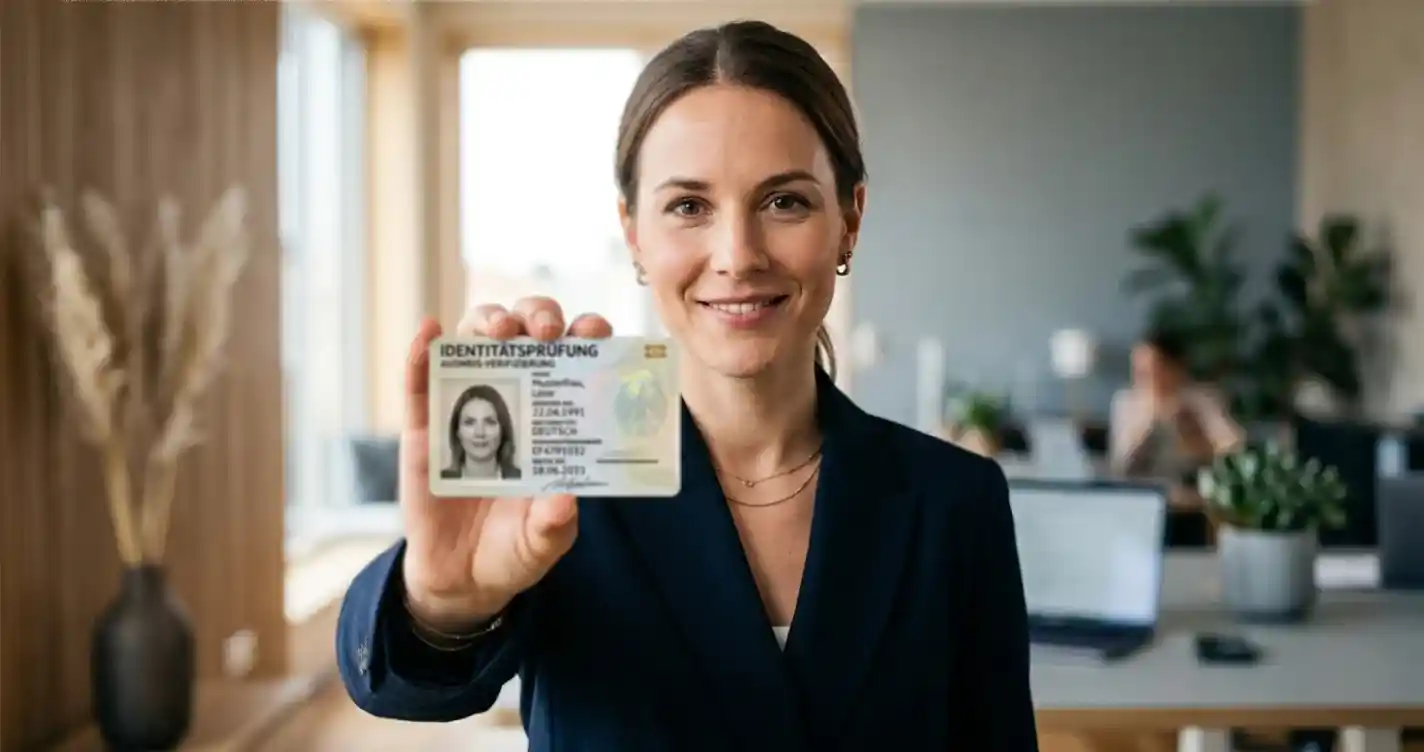 Hand hält ein Ausweisdokument vor eine Kamera als Symbol für Identitätsprüfung