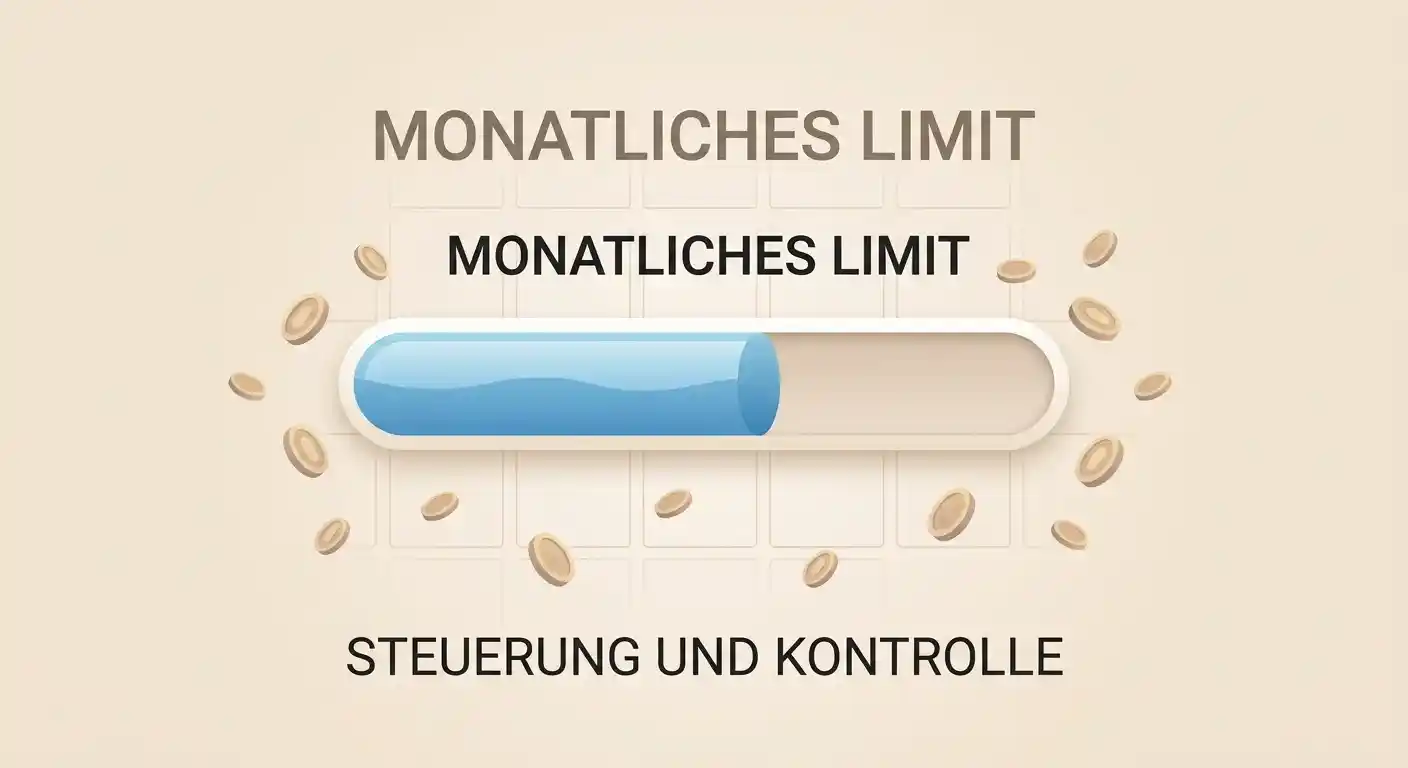 Symbolische Darstellung eines anbieterübergreifenden monatlichen Einzahlungslimits mit visuellem Füllstand und Ländergrenzen