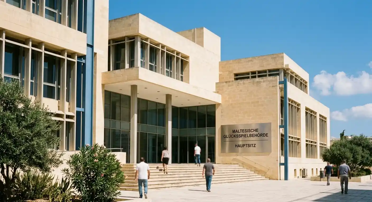Moderne Bürofassade als Symbol für die regulierte Glücksspielaufsicht auf Malta