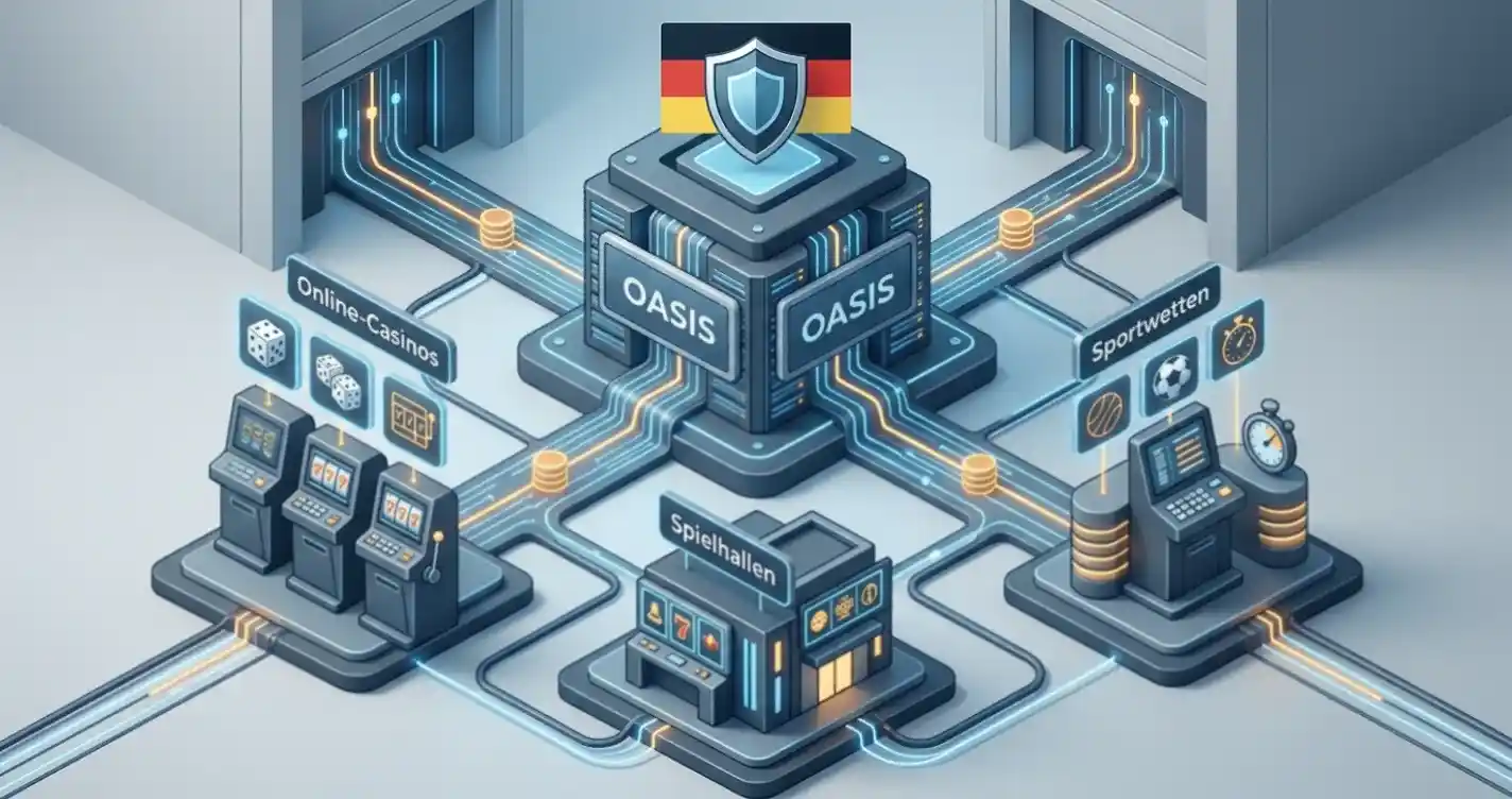 Schematische Darstellung des bundesweiten Spielersperrsystems OASIS mit Datenfluss zwischen Anbieter und zentraler Sperrdatei