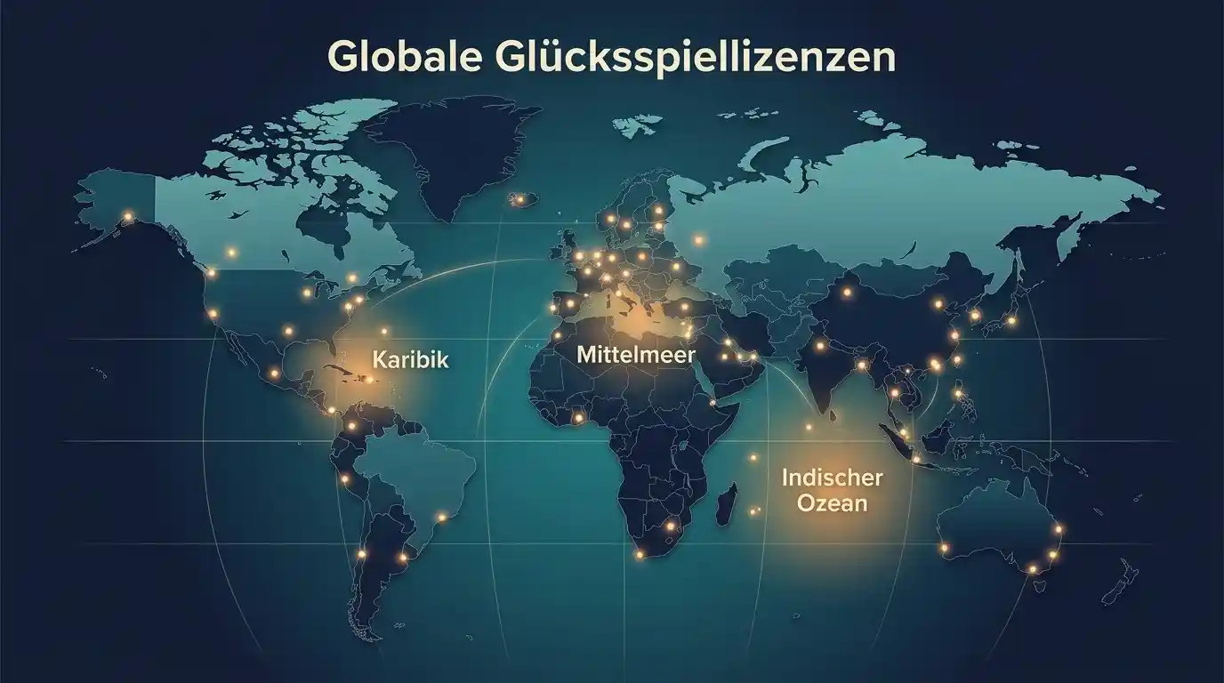 Schematische Weltkarte mit hervorgehobenen Glücksspiel-Lizenzregionen Malta, Curacao und Anjouan