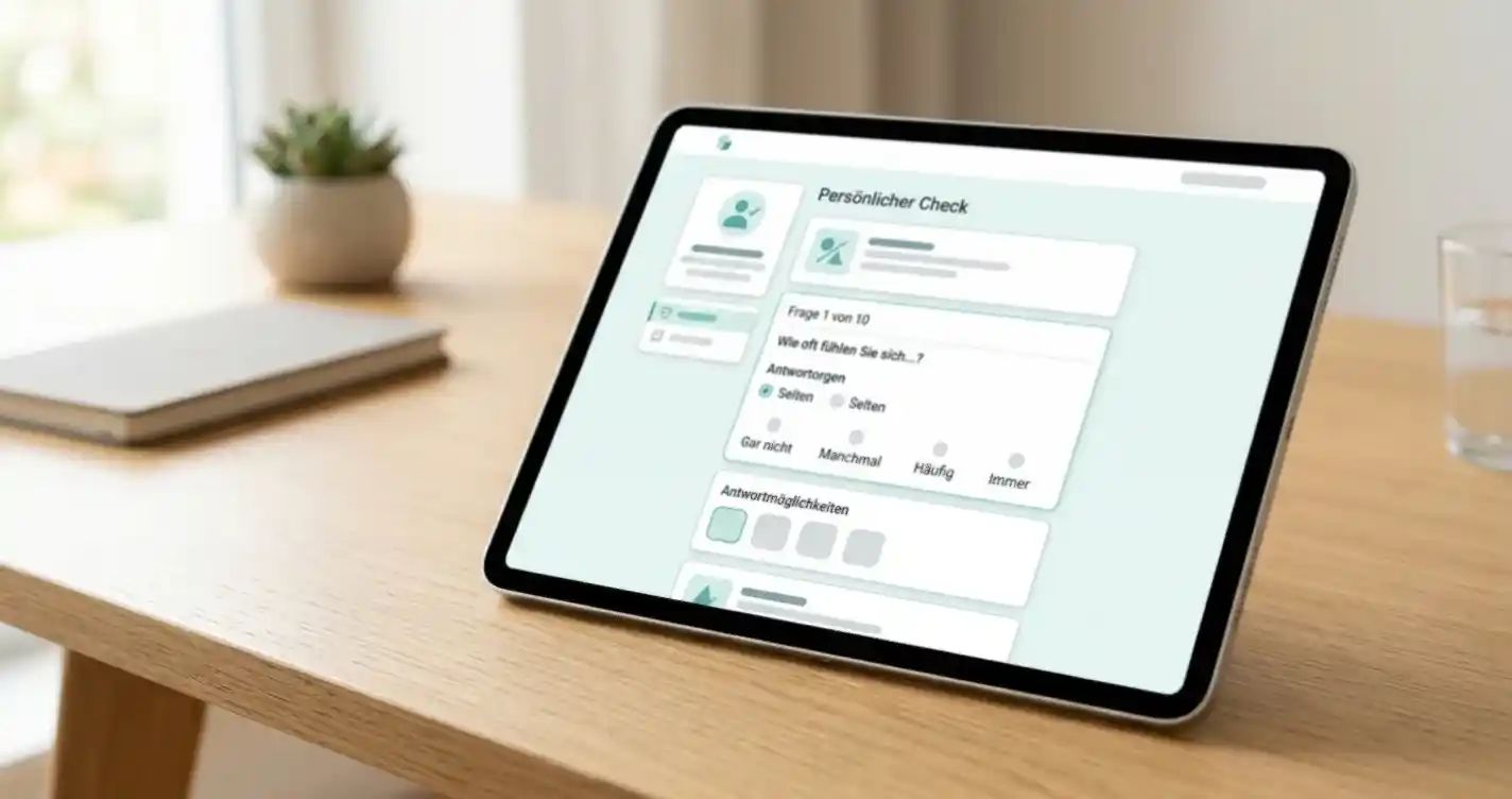 Tablet mit einem anonymen Selbsttest-Fragebogen als Symbol für ein Online-Screening