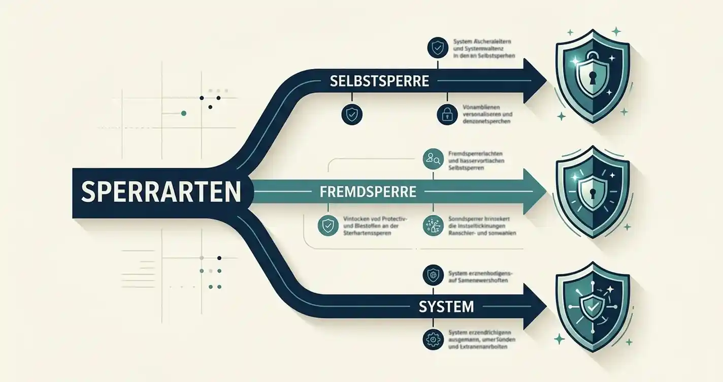 Konzeptionelle Darstellung der drei Sperrarten Selbstsperre, Fremdsperre und Panikknopf in einem strukturierten Diagramm