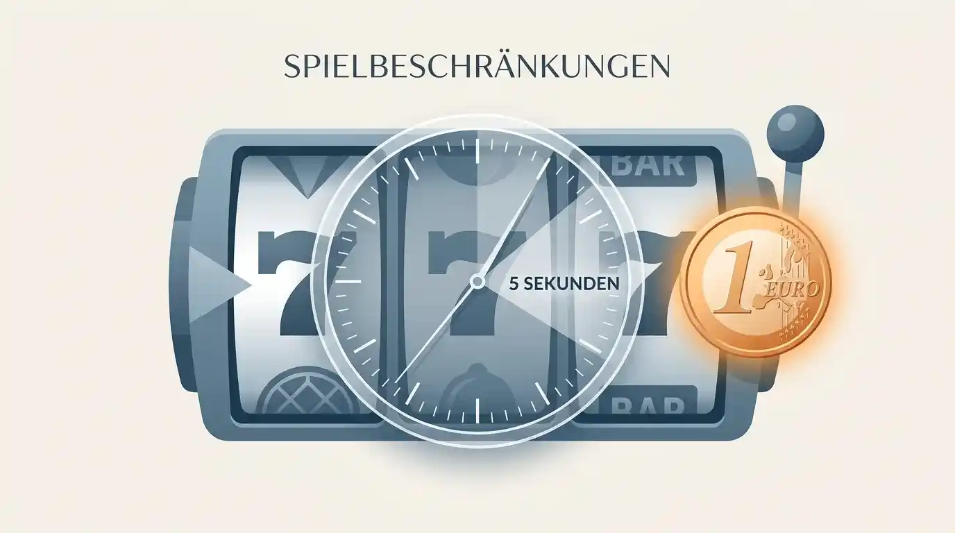 Visualisierung der zusätzlichen Spielbeschränkungen wie 5-Sekunden-Mindestdauer und 1-Euro-Einsatzobergrenze für virtuelle Automatenspiele