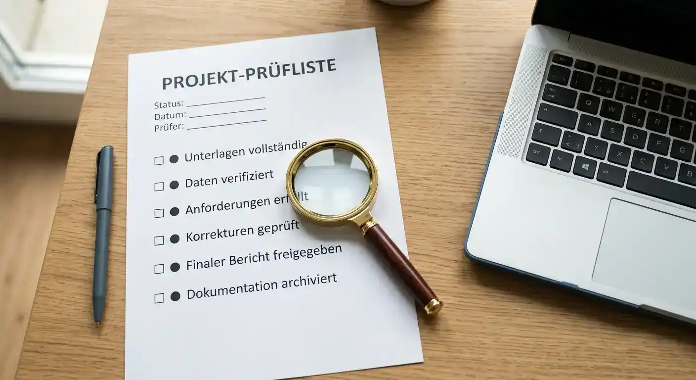Checkliste mit Lupe zur Prüfung einer Online-Casino-Lizenz auf einem Schreibtisch